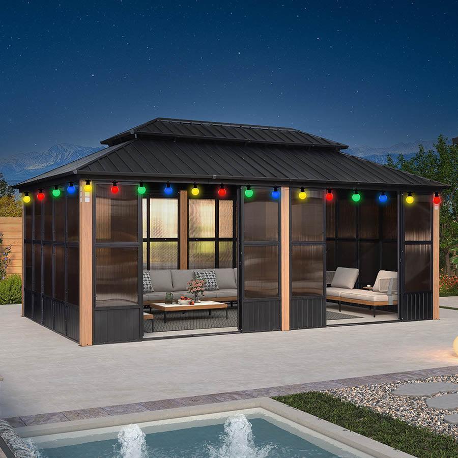 PURPLE LEAF Sunroom Hardtop Gazebo Solarium Wood Grain Galvanized Steel Double Roof All-Weather Aluminum Outdoor Screen House with String Lights - Image 44