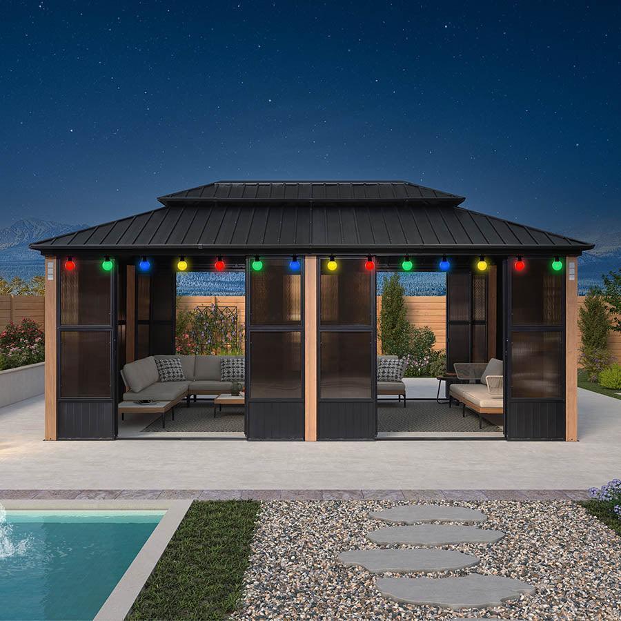 PURPLE LEAF Sunroom Hardtop Gazebo Solarium Wood Grain Galvanized Steel Double Roof All-Weather Aluminum Outdoor Screen House with String Lights - Image 45