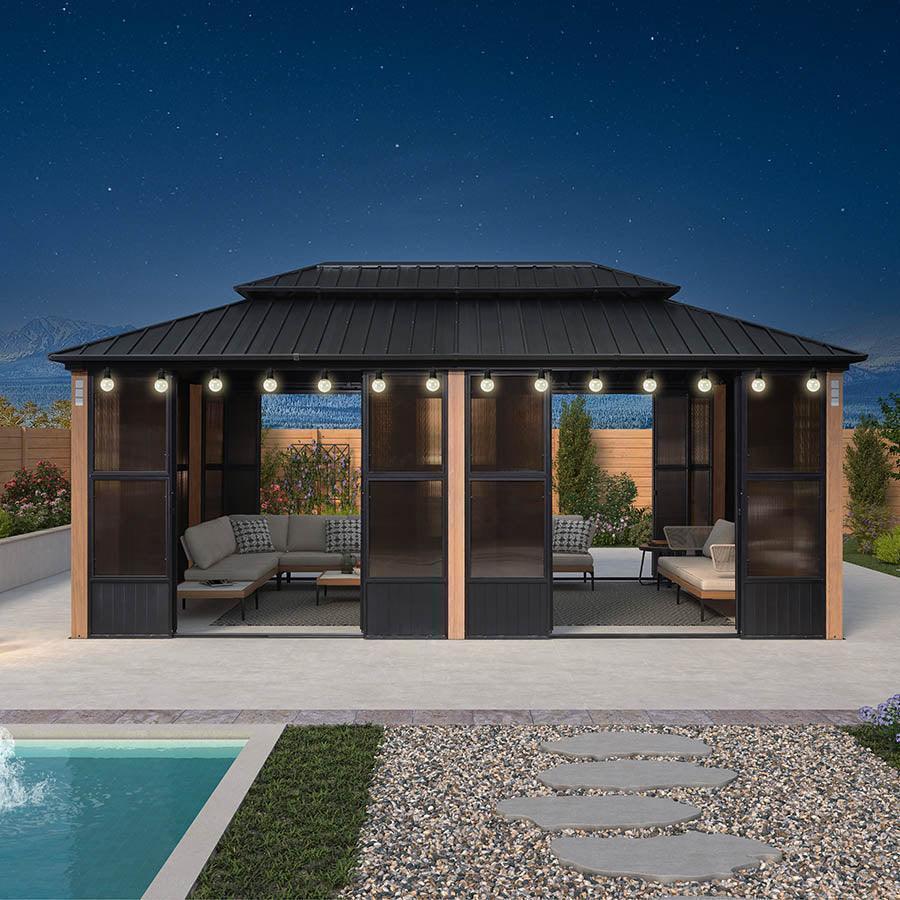 PURPLE LEAF Sunroom Hardtop Gazebo Solarium Wood Grain Galvanized Steel Double Roof All-Weather Aluminum Outdoor Screen House with String Lights - Image 46