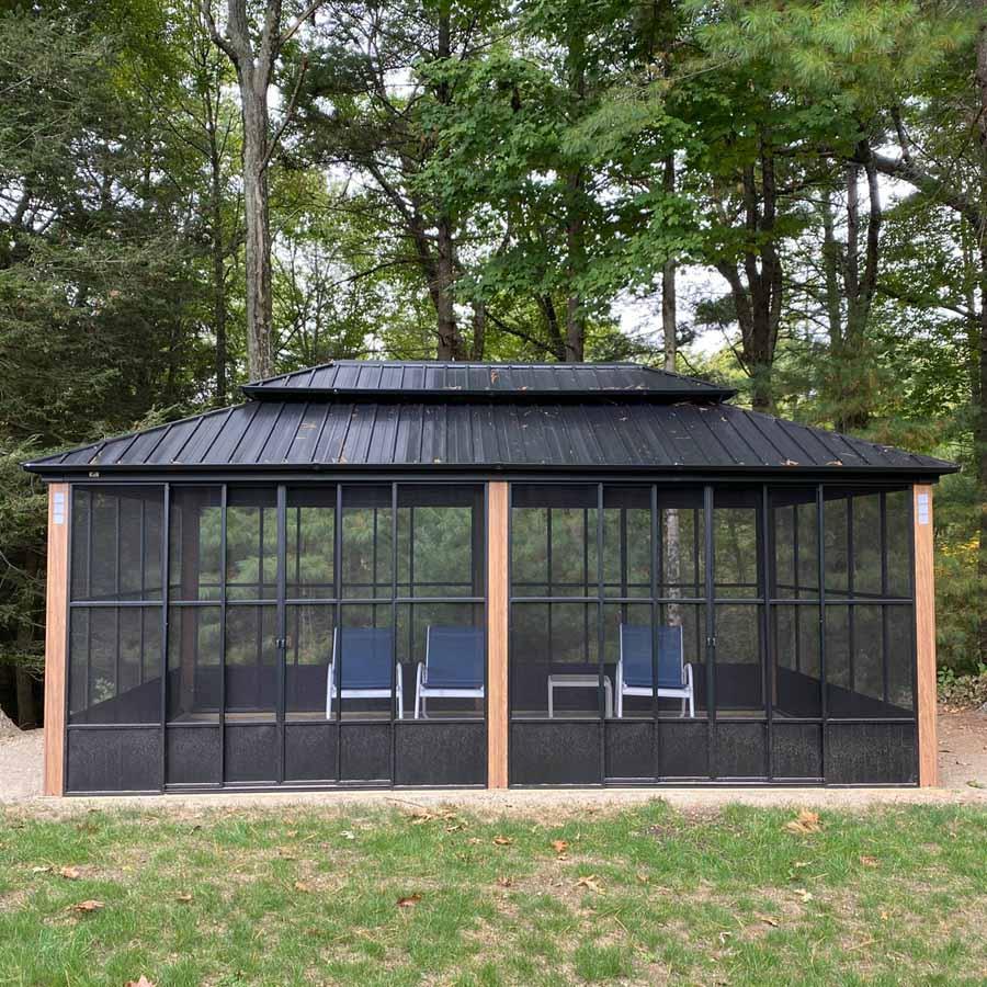 PURPLE LEAF Sunroom Hardtop Gazebo Solarium Wood Grain Galvanized Steel Double Roof All-Weather Aluminum Outdoor Screen House with String Lights - Image 47
