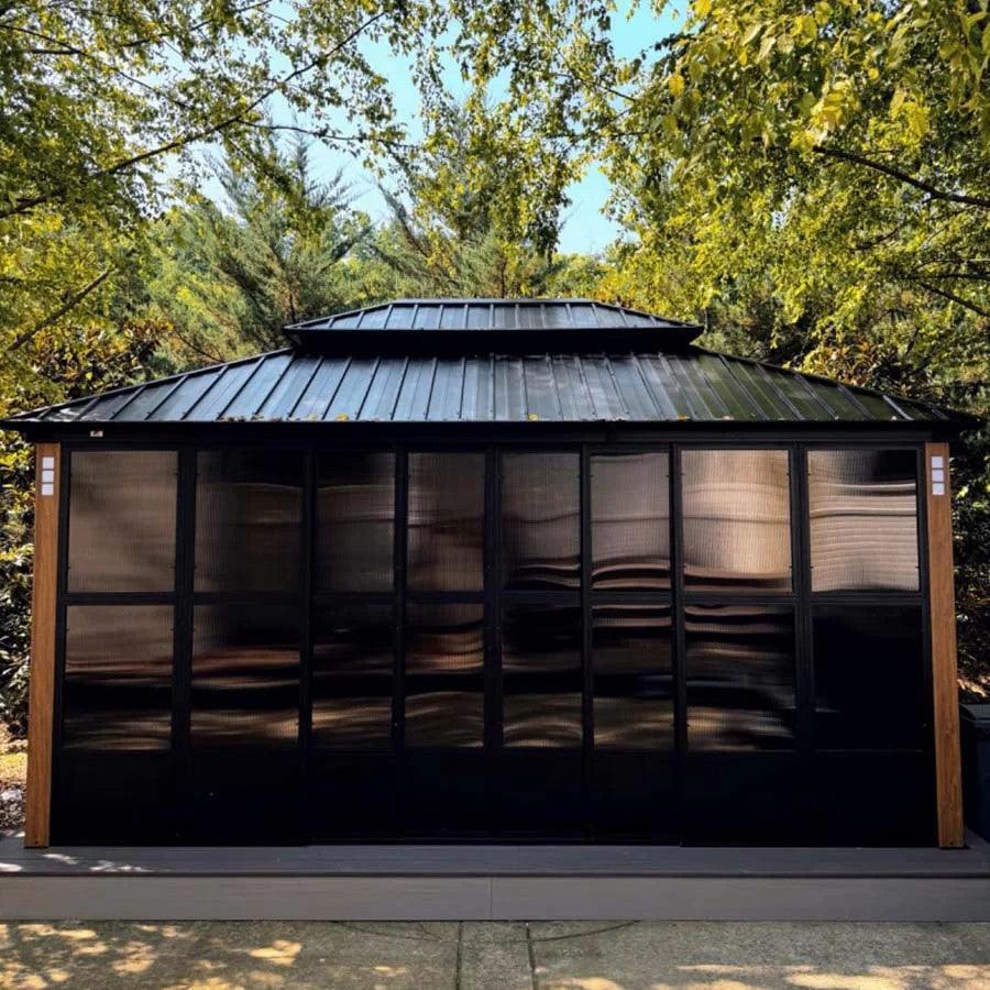 PURPLE LEAF Sunroom Hardtop Gazebo Solarium Wood Grain Galvanized Steel Double Roof All-Weather Aluminum Outdoor Screen House with String Lights - Image 49