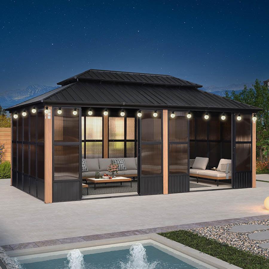 PURPLE LEAF Sunroom Hardtop Gazebo Solarium Wood Grain Galvanized Steel Double Roof All-Weather Aluminum Outdoor Screen House with String Lights - Image 5