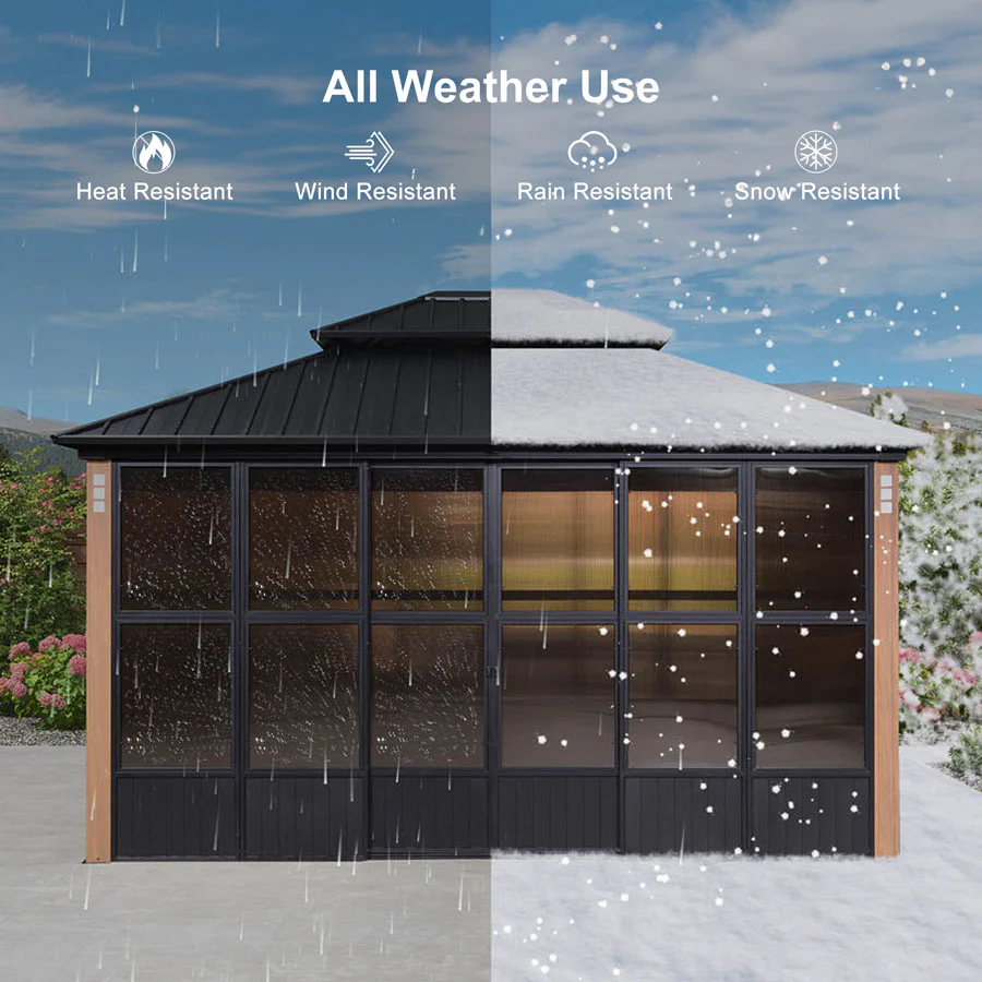 PURPLE LEAF Sunroom Hardtop Gazebo Solarium Wood Grain Galvanized Steel Double Roof All-Weather Aluminum Outdoor Screen House with String Lights - Image 55