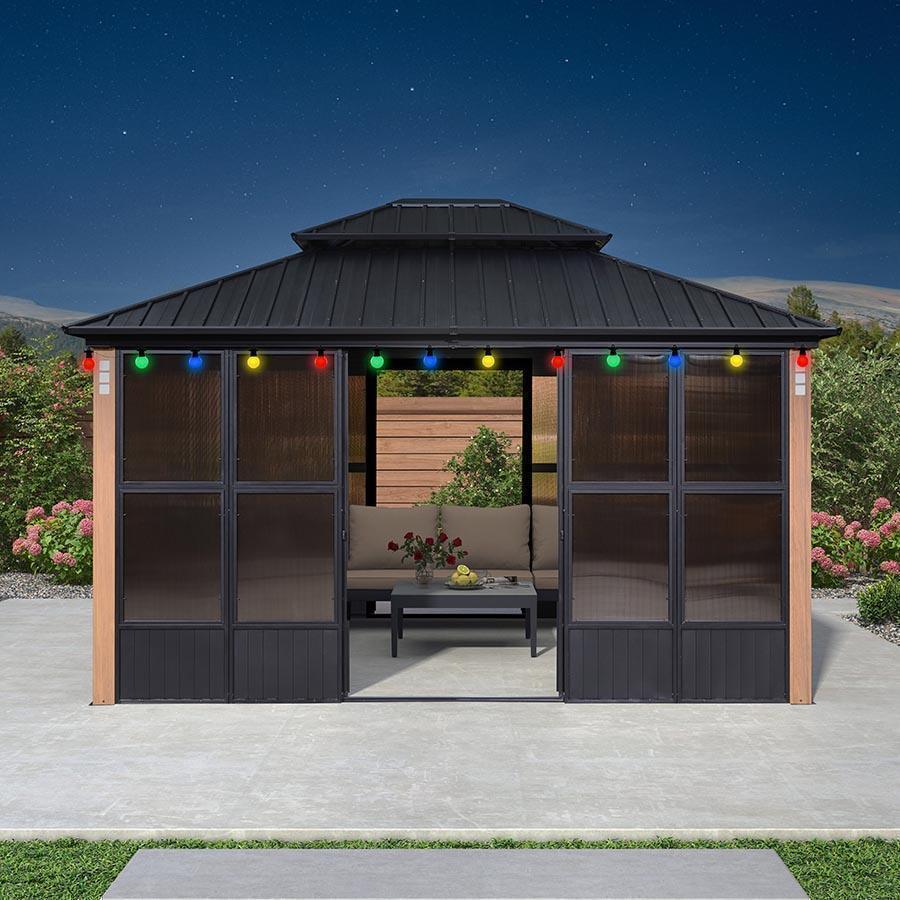 PURPLE LEAF Sunroom Hardtop Gazebo Solarium Wood Grain Galvanized Steel Double Roof All-Weather Aluminum Outdoor Screen House with String Lights - Image 6