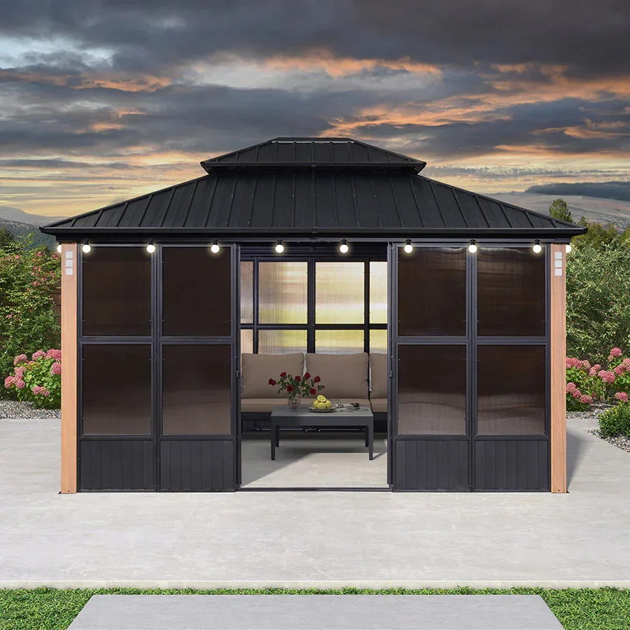 PURPLE LEAF Sunroom Hardtop Gazebo Solarium Wood Grain Galvanized Steel Double Roof All-Weather Aluminum Outdoor Screen House with String Lights - Image 61