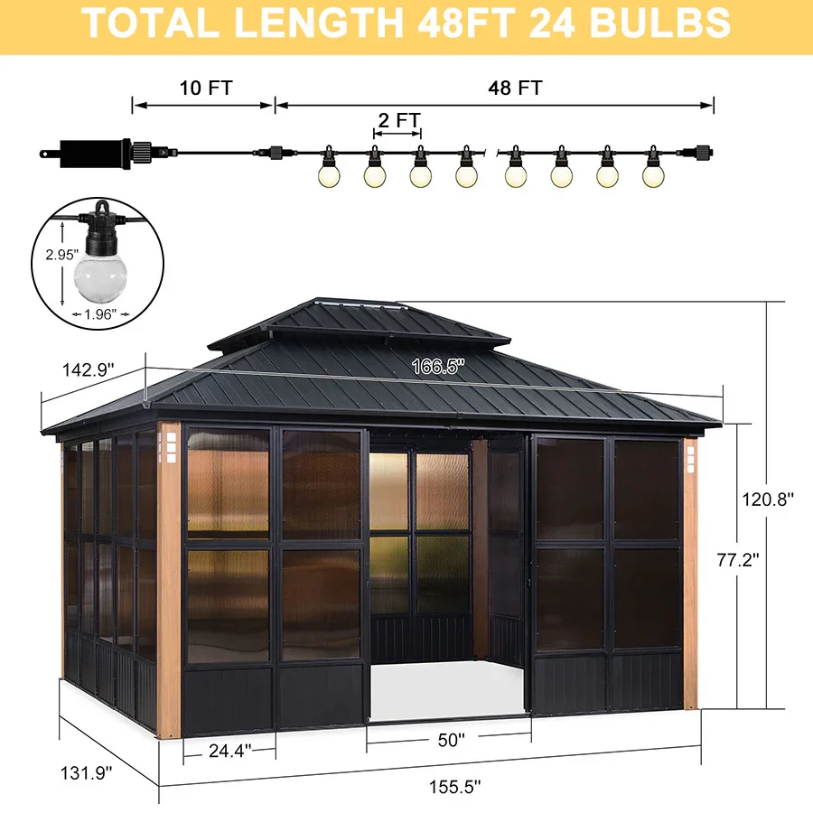PURPLE LEAF Sunroom Hardtop Gazebo Solarium Wood Grain Galvanized Steel Double Roof All-Weather Aluminum Outdoor Screen House with String Lights - Image 62