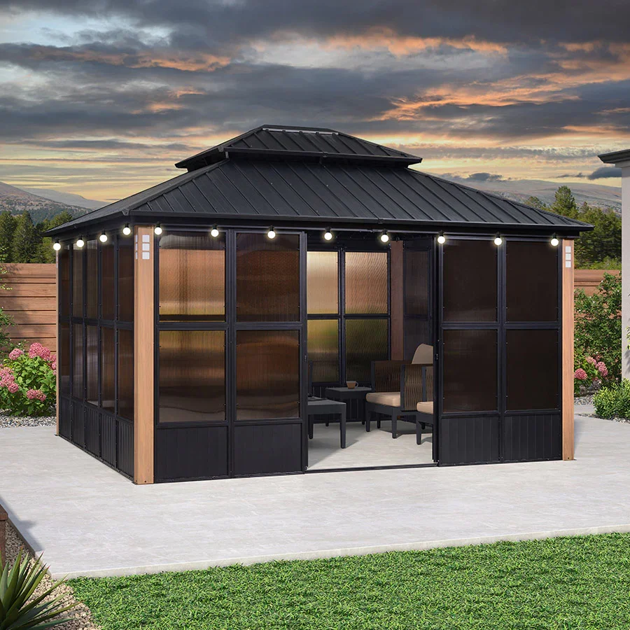 PURPLE LEAF Sunroom Hardtop Gazebo Solarium Wood Grain Galvanized Steel Double Roof All-Weather Aluminum Outdoor Screen House with String Lights - Image 63