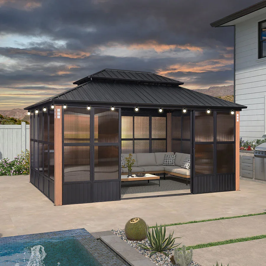 PURPLE LEAF Sunroom Hardtop Gazebo Solarium Wood Grain Galvanized Steel Double Roof All-Weather Aluminum Outdoor Screen House with String Lights - Image 65