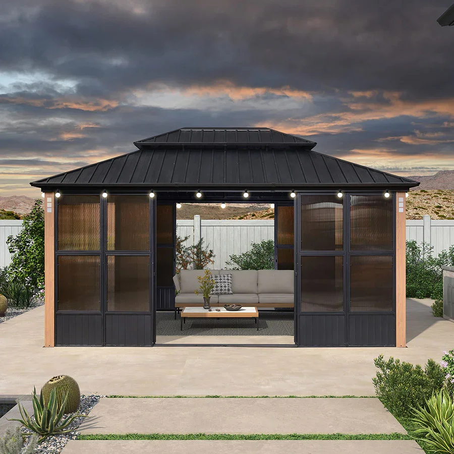 PURPLE LEAF Sunroom Hardtop Gazebo Solarium Wood Grain Galvanized Steel Double Roof All-Weather Aluminum Outdoor Screen House with String Lights - Image 66