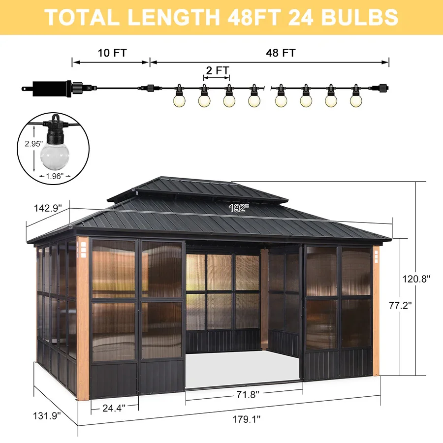PURPLE LEAF Sunroom Hardtop Gazebo Solarium Wood Grain Galvanized Steel Double Roof All-Weather Aluminum Outdoor Screen House with String Lights - Image 67