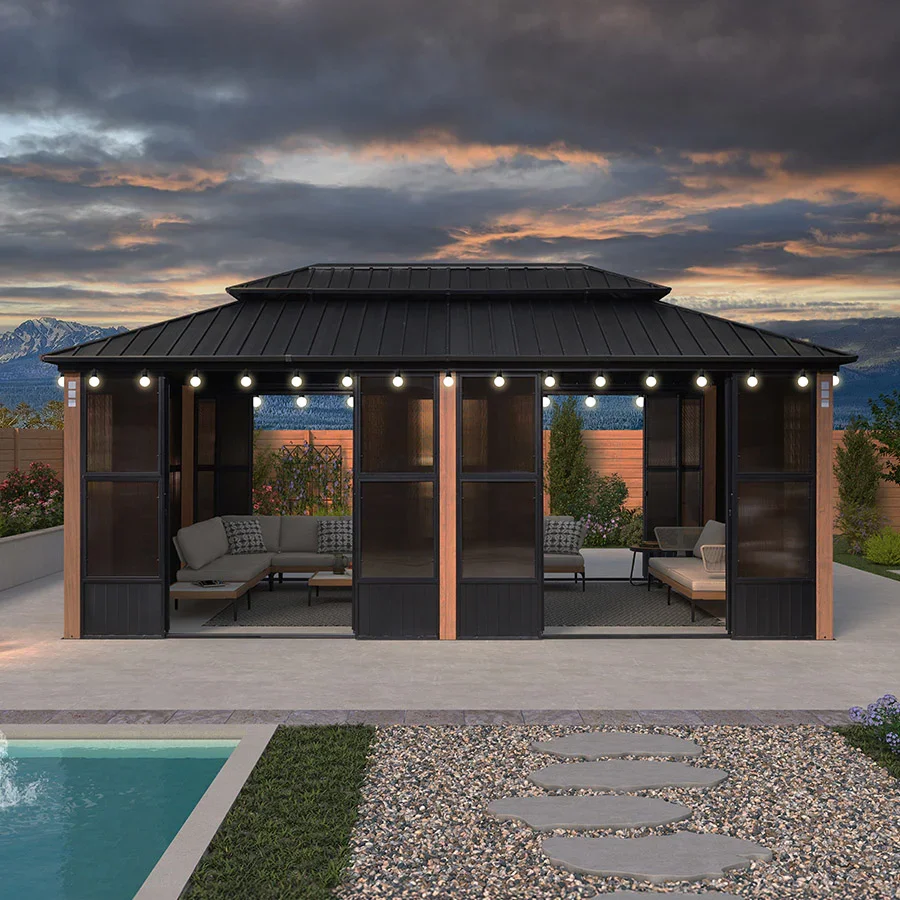 PURPLE LEAF Sunroom Hardtop Gazebo Solarium Wood Grain Galvanized Steel Double Roof All-Weather Aluminum Outdoor Screen House with String Lights - Image 68