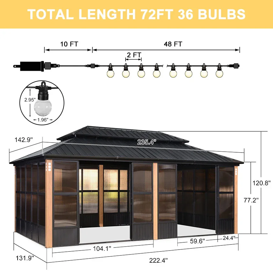 PURPLE LEAF Sunroom Hardtop Gazebo Solarium Wood Grain Galvanized Steel Double Roof All-Weather Aluminum Outdoor Screen House with String Lights - Image 69