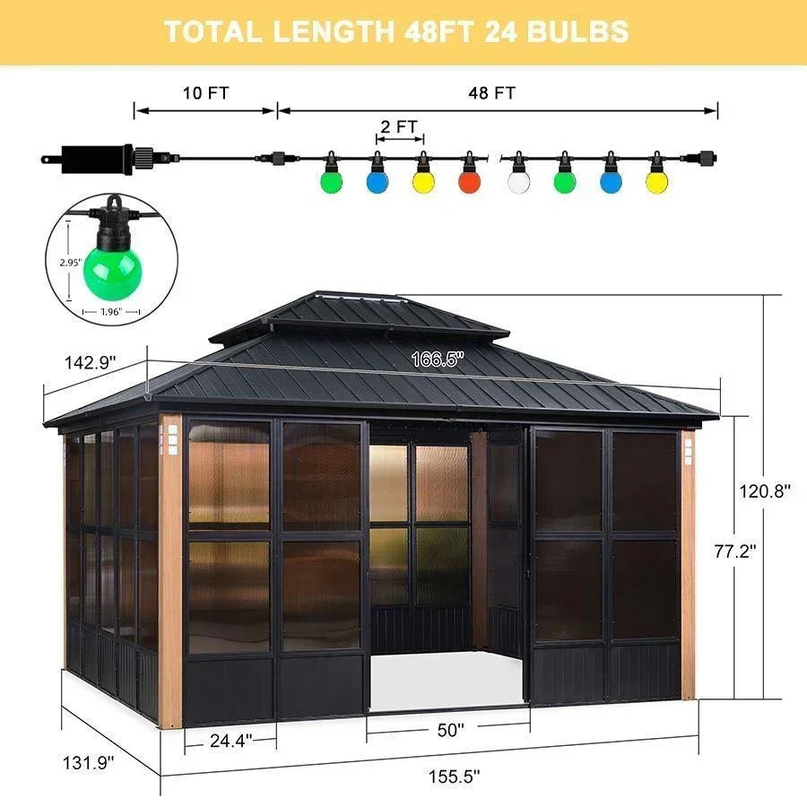 PURPLE LEAF Sunroom Hardtop Gazebo Solarium Wood Grain Galvanized Steel Double Roof All-Weather Aluminum Outdoor Screen House with String Lights - Image 7