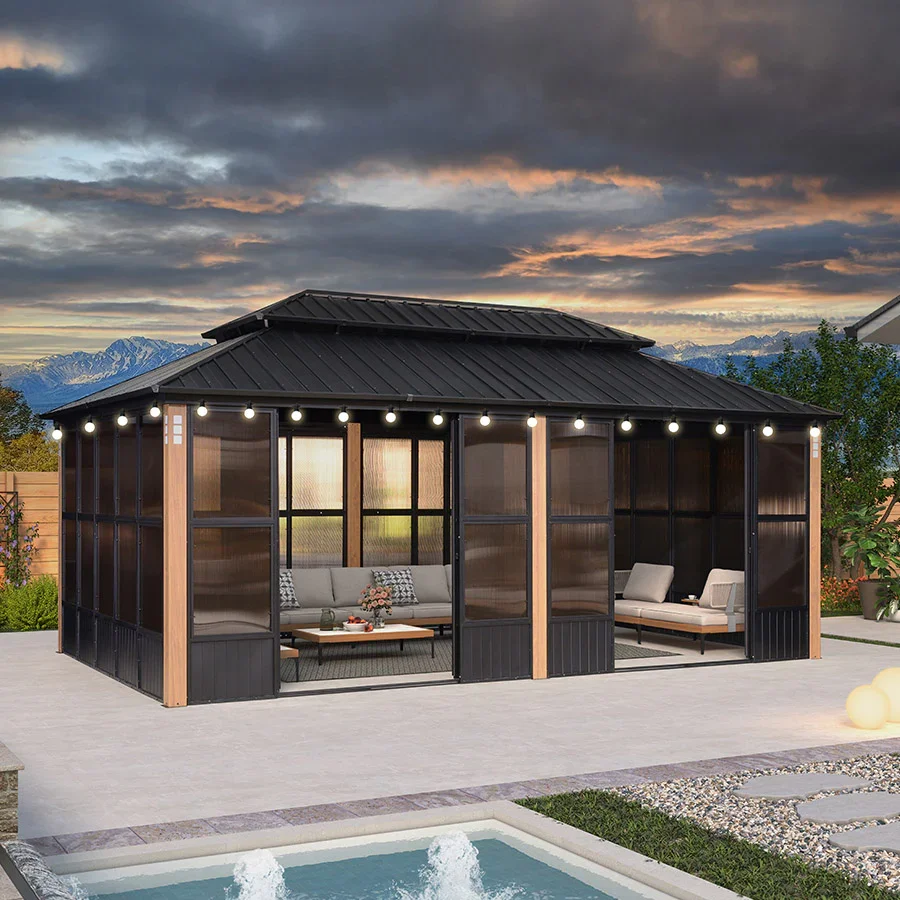 PURPLE LEAF Sunroom Hardtop Gazebo Solarium Wood Grain Galvanized Steel Double Roof All-Weather Aluminum Outdoor Screen House with String Lights - Image 70