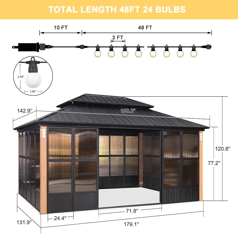 PURPLE LEAF Sunroom Hardtop Gazebo Solarium Wood Grain Galvanized Steel Double Roof All-Weather Aluminum Outdoor Screen House with String Lights - Image 72