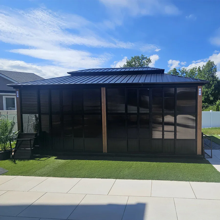 PURPLE LEAF Sunroom Hardtop Gazebo Solarium Wood Grain Galvanized Steel Double Roof All-Weather Aluminum Outdoor Screen House with String Lights - Image 75
