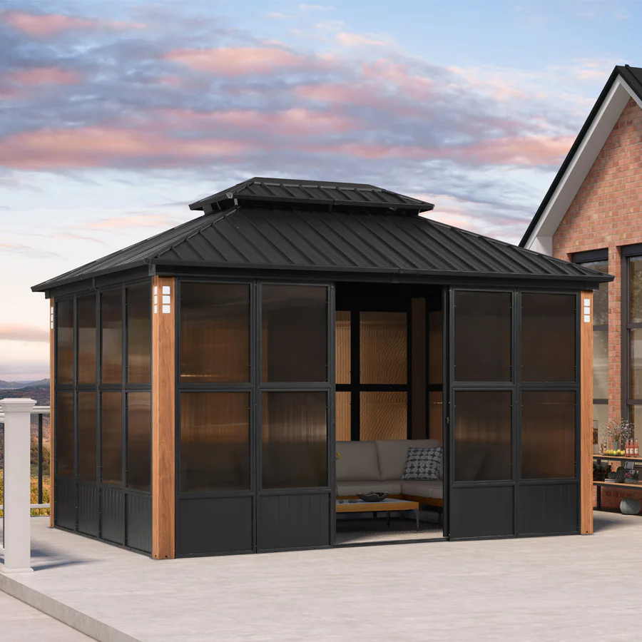 PURPLE LEAF Sunroom Hardtop Gazebo Solarium Wood Grain Galvanized Steel Double Roof All-Weather Aluminum Outdoor Screen House with String Lights - Image 80
