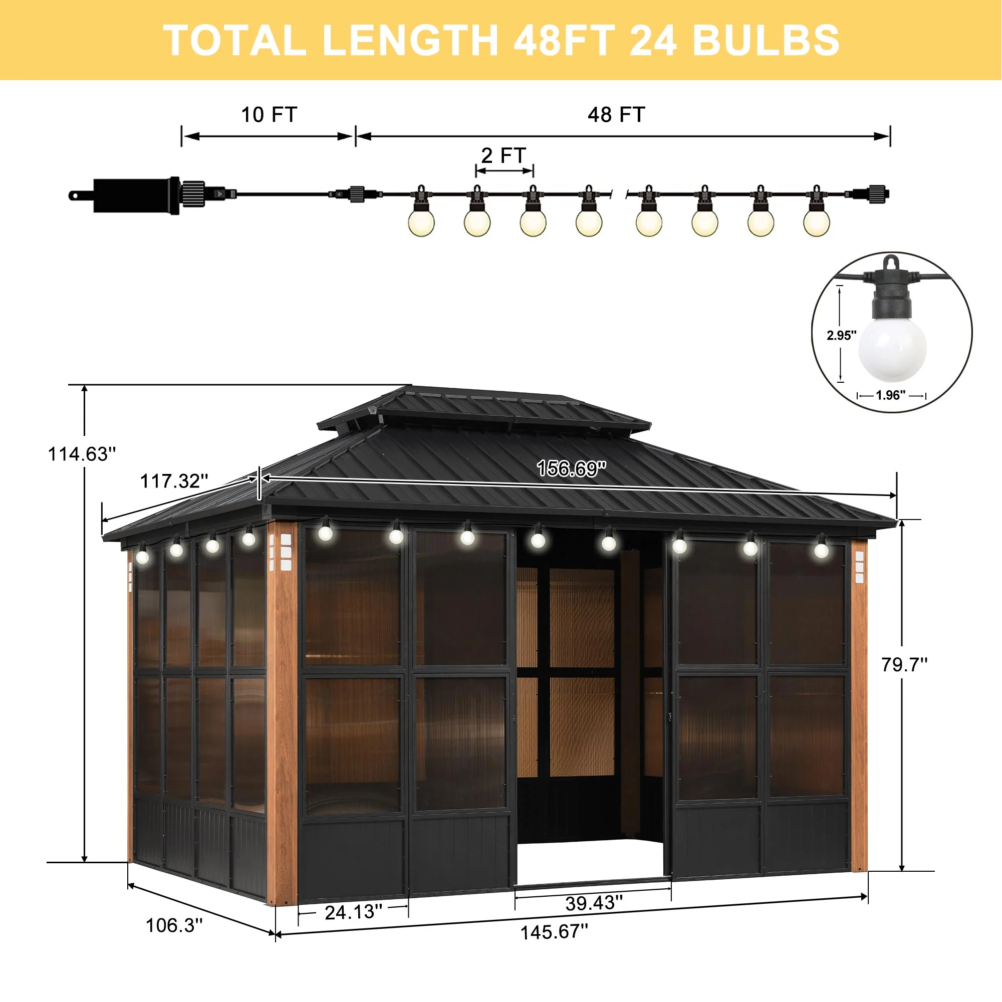 PURPLE LEAF Sunroom Hardtop Gazebo Solarium Wood Grain Galvanized Steel Double Roof All-Weather Aluminum Outdoor Screen House with String Lights - Image 92