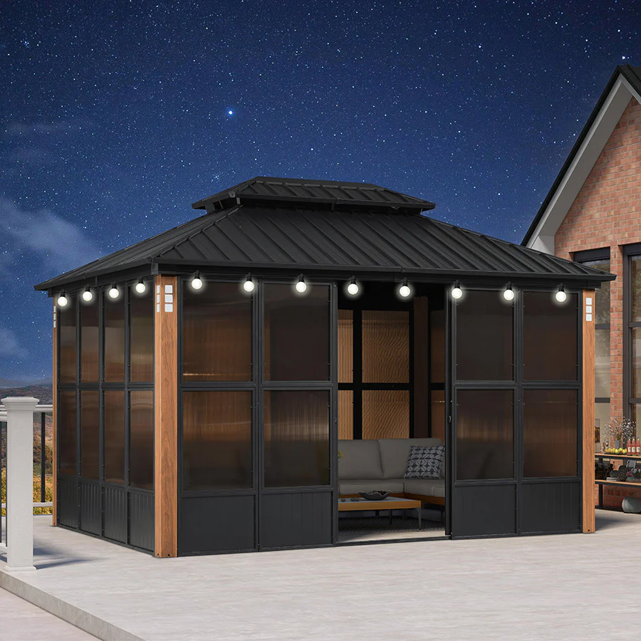 PURPLE LEAF Sunroom Hardtop Gazebo Solarium Wood Grain Galvanized Steel Double Roof All-Weather Aluminum Outdoor Screen House with String Lights - Image 93