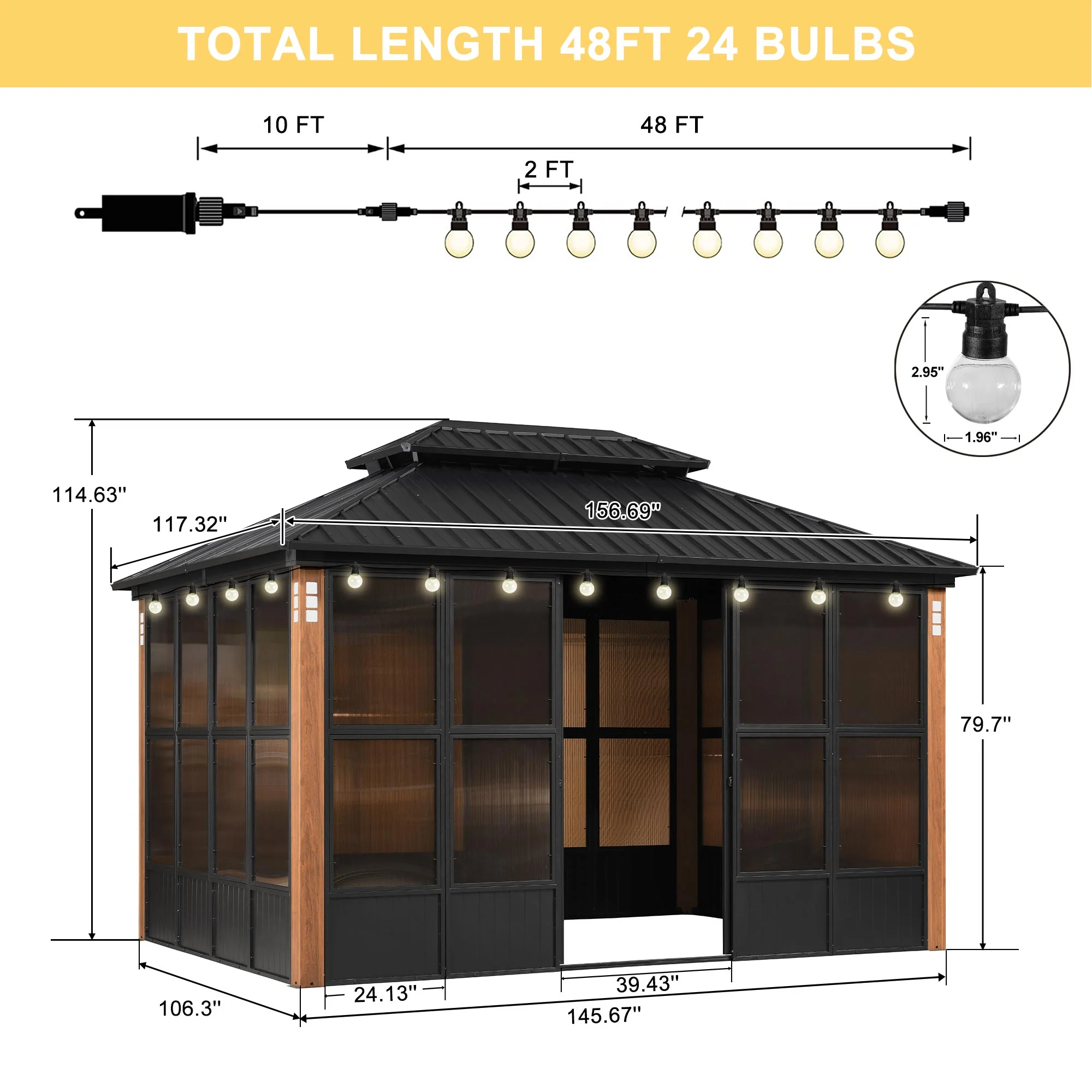 PURPLE LEAF Sunroom Hardtop Gazebo Solarium Wood Grain Galvanized Steel Double Roof All-Weather Aluminum Outdoor Screen House with String Lights - Image 94