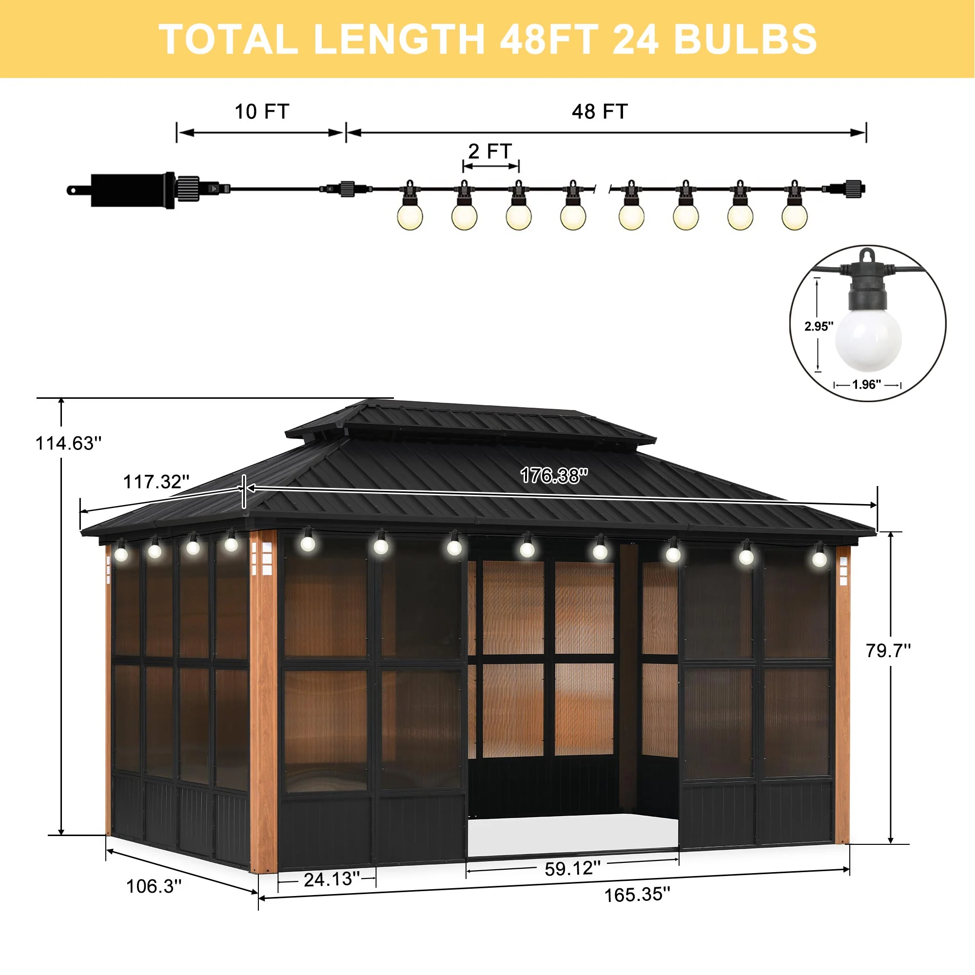 PURPLE LEAF Sunroom Hardtop Gazebo Solarium Wood Grain Galvanized Steel Double Roof All-Weather Aluminum Outdoor Screen House with String Lights - Image 96