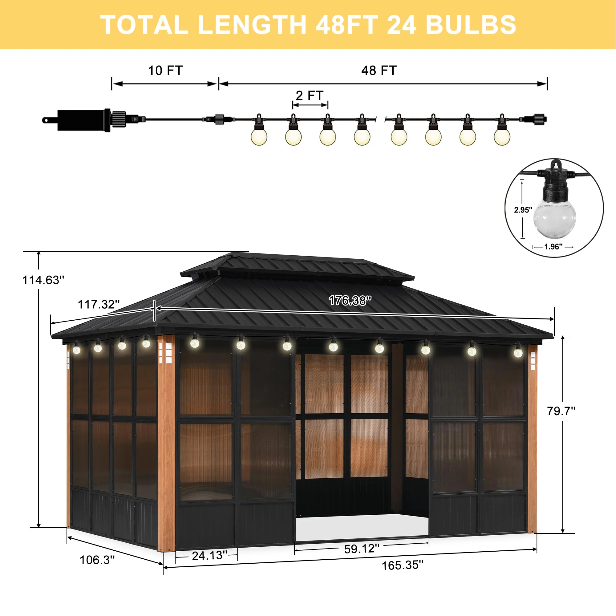 PURPLE LEAF Sunroom Hardtop Gazebo Solarium Wood Grain Galvanized Steel Double Roof All-Weather Aluminum Outdoor Screen House with String Lights - Image 98