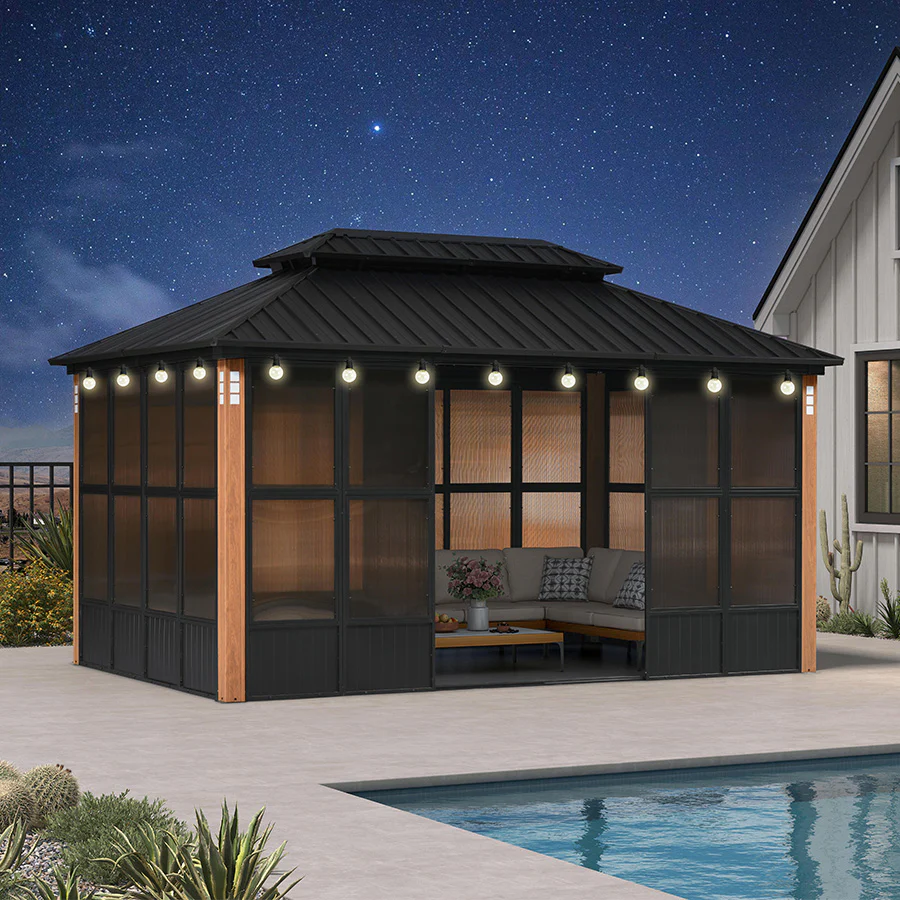 PURPLE LEAF Sunroom Hardtop Gazebo Solarium Wood Grain Galvanized Steel Double Roof All-Weather Aluminum Outdoor Screen House with String Lights - Image 99
