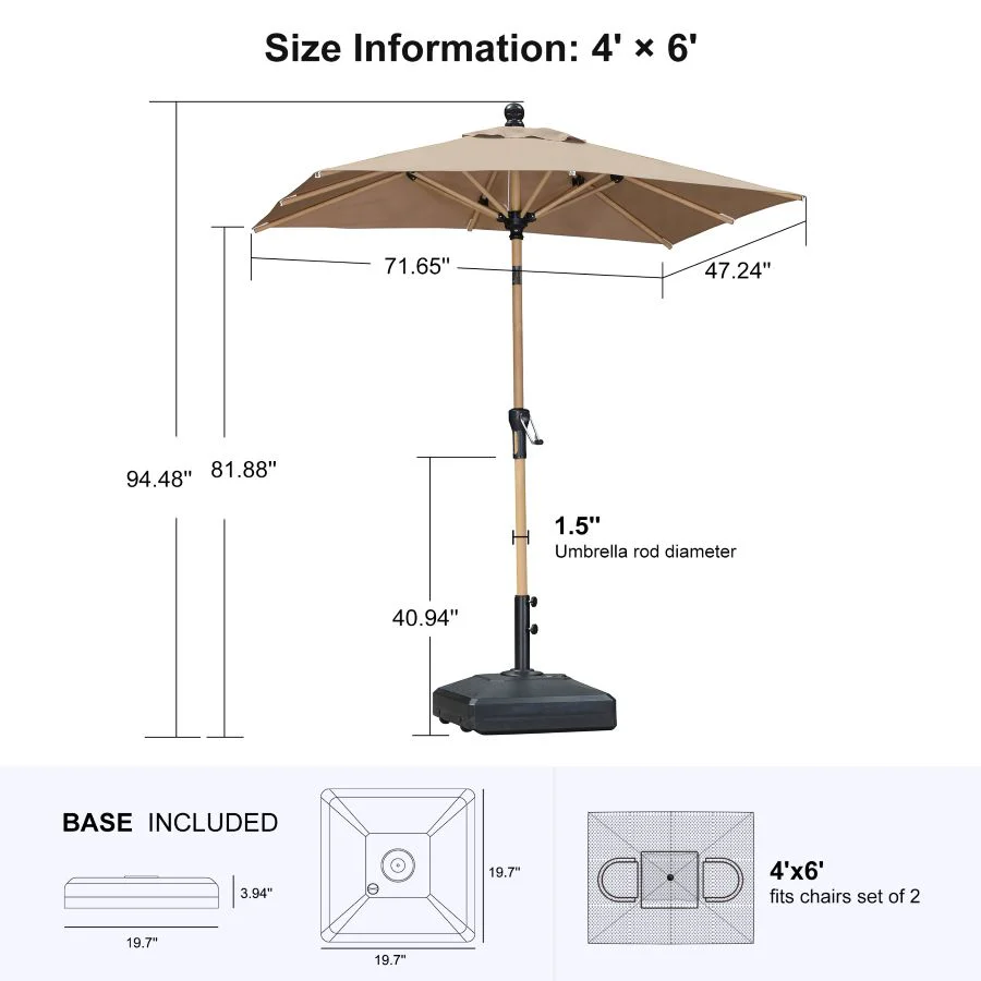 PURPLE LEAF Wood Pattern Tilting Patio Table Umbrella with Base, Outdoor Market Umbrella - Image 28