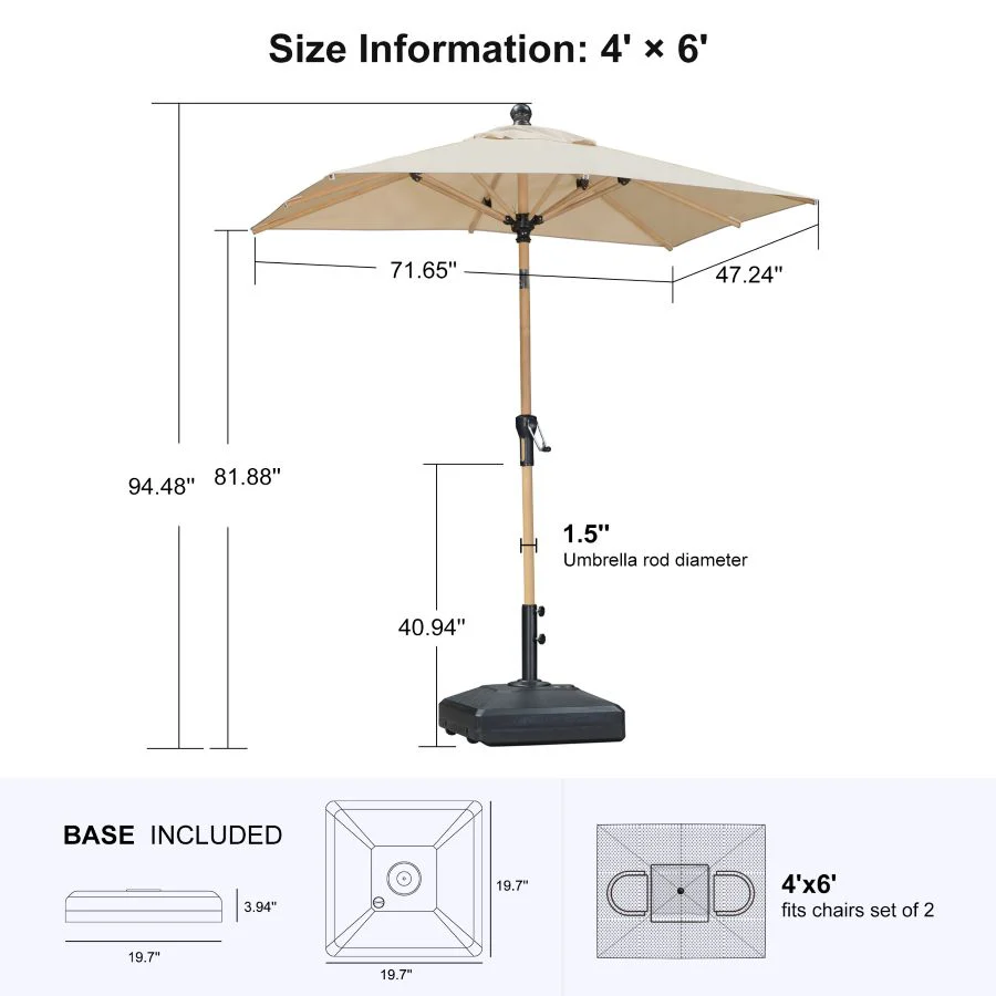 PURPLE LEAF Wood Pattern Tilting Patio Table Umbrella with Base, Outdoor Market Umbrella - Image 30