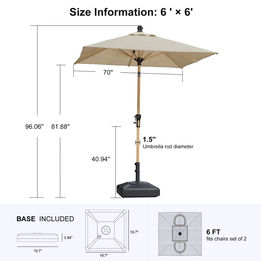 PURPLE LEAF Wood Pattern Tilting Patio Table Umbrella with Base, Outdoor Market Umbrella - Image 35