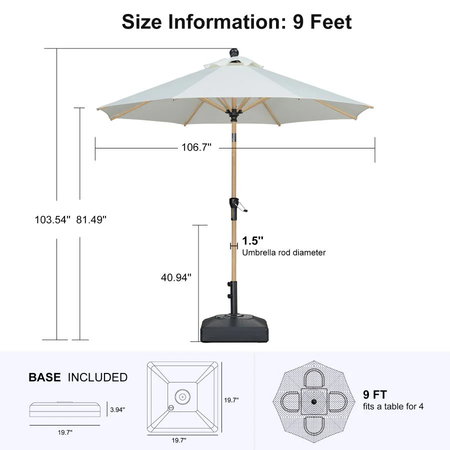 PURPLE LEAF Wood Pattern Tilting Patio Table Umbrella with Base, Outdoor Market Umbrella - Image 44