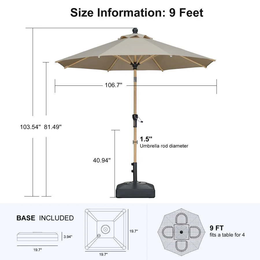PURPLE LEAF Wood Pattern Tilting Patio Table Umbrella with Base, Outdoor Market Umbrella - Image 46