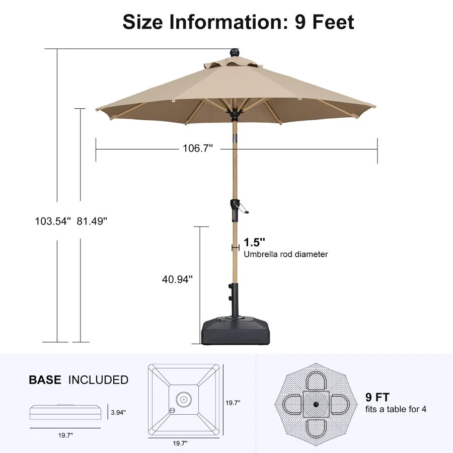 PURPLE LEAF Wood Pattern Tilting Patio Table Umbrella with Base, Outdoor Market Umbrella - Image 47